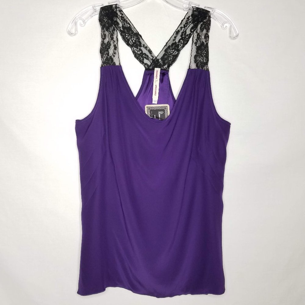 Amanda Uprichard NWT Silk Tank Top Split‎ Back Purple Black Lace Sz L
